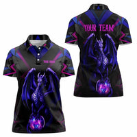 Custom Black And Purple Dragon Bowling Women Polo Shirt Magic Orb Graphic on Geometric Black Background Design - Wonder Print Shop