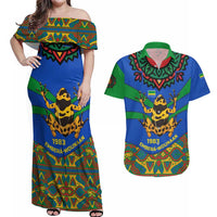 Indigenous Regions of Panama Embera-Wounaan Couples Matching Off Shoulder Maxi Dress and Hawaiian Shirt Frog Graphic and Indigenous Pattern Guardians of the Forest - Wonder Print Shop