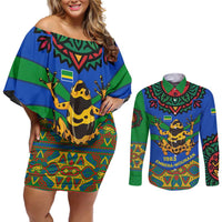 Indigenous Regions of Panama Embera-Wounaan Couples Matching Off Shoulder Short Dress and Long Sleeve Button Shirt Frog Graphic and Indigenous Pattern Guardians of the Forest - Wonder Print Shop