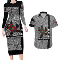 Indigenous Regions of Panama Guna de Madungandí Couples Matching Long Sleeve Bodycon Dress and Hawaiian Shirt with Colorful Turtle and Black White Geometric Pattern - Wonder Print Shop