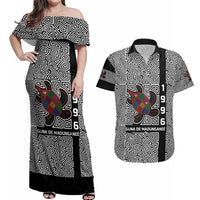 Indigenous Regions of Panama Guna de Madungandí Couples Matching Off Shoulder Maxi Dress and Hawaiian Shirt with Colorful Turtle and Black White Geometric Pattern - Wonder Print Shop