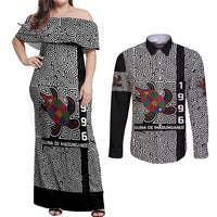 Indigenous Regions of Panama Guna de Madungandí Couples Matching Off Shoulder Maxi Dress and Long Sleeve Button Shirt with Colorful Turtle and Black White Geometric Pattern - Wonder Print Shop