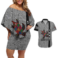 Indigenous Regions of Panama Guna de Madungandí Couples Matching Off Shoulder Short Dress and Hawaiian Shirt with Colorful Turtle and Black White Geometric Pattern - Wonder Print Shop