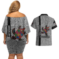 Indigenous Regions of Panama Guna de Madungandí Couples Matching Off Shoulder Short Dress and Hawaiian Shirt with Colorful Turtle and Black White Geometric Pattern - Wonder Print Shop