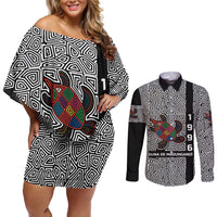 Indigenous Regions of Panama Guna de Madungandí Couples Matching Off Shoulder Short Dress and Long Sleeve Button Shirt with Colorful Turtle and Black White Geometric Pattern - Wonder Print Shop