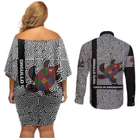Indigenous Regions of Panama Guna de Madungandí Couples Matching Off Shoulder Short Dress and Long Sleeve Button Shirt with Colorful Turtle and Black White Geometric Pattern - Wonder Print Shop