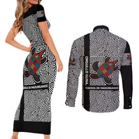 Indigenous Regions of Panama Guna de Madungandí Couples Matching Short Sleeve Bodycon Dress and Long Sleeve Button Shirt with Colorful Turtle and Black White Geometric Pattern - Wonder Print Shop