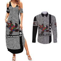 Indigenous Regions of Panama Guna de Madungandí Couples Matching Summer Maxi Dress and Long Sleeve Button Shirt with Colorful Turtle and Black White Geometric Pattern - Wonder Print Shop