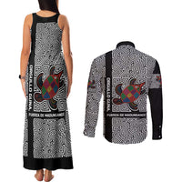 Indigenous Regions of Panama Guna de Madungandí Couples Matching Tank Maxi Dress and Long Sleeve Button Shirt with Colorful Turtle and Black White Geometric Pattern - Wonder Print Shop