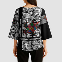 Indigenous Regions of Panama Guna de Madungandí Kimono Sleeve Blouse with Colorful Turtle and Black White Geometric Pattern - Wonder Print Shop