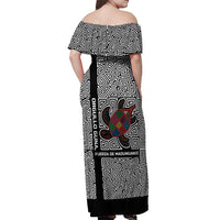 Indigenous Regions of Panama Guna de Madungandí Off Shoulder Maxi Dress with Colorful Turtle and Black White Geometric Pattern - Wonder Print Shop