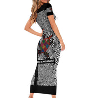 Indigenous Regions of Panama Guna de Madungandí Short Sleeve Bodycon Dress with Colorful Turtle and Black White Geometric Pattern - Wonder Print Shop