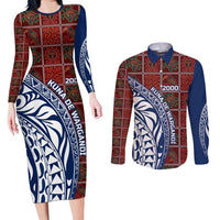Indigenous Regions of Panama Guna de Wargandí Couples Matching Long Sleeve Bodycon Dress and Long Sleeve Button Shirt with Tribal Pattern and Blue White Nature and People - Wonder Print Shop