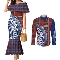 Indigenous Regions of Panama Guna de Wargandí Couples Matching Mermaid Dress and Long Sleeve Button Shirt with Tribal Pattern and Blue White Nature and People - Wonder Print Shop
