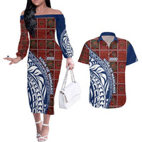Indigenous Regions of Panama Guna de Wargandí Couples Matching Off The Shoulder Long Sleeve Dress and Hawaiian Shirt with Tribal Pattern and Blue White Nature and People - Wonder Print Shop