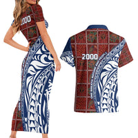 Indigenous Regions of Panama Guna de Wargandí Couples Matching Short Sleeve Bodycon Dress and Hawaiian Shirt with Tribal Pattern and Blue White Nature and People - Wonder Print Shop
