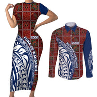 Indigenous Regions of Panama Guna de Wargandí Couples Matching Short Sleeve Bodycon Dress and Long Sleeve Button Shirt with Tribal Pattern and Blue White Nature and People - Wonder Print Shop