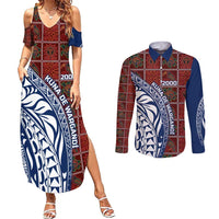 Indigenous Regions of Panama Guna de Wargandí Couples Matching Summer Maxi Dress and Long Sleeve Button Shirt with Tribal Pattern and Blue White Nature and People - Wonder Print Shop