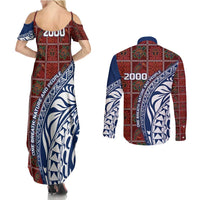 Indigenous Regions of Panama Guna de Wargandí Couples Matching Summer Maxi Dress and Long Sleeve Button Shirt with Tribal Pattern and Blue White Nature and People - Wonder Print Shop