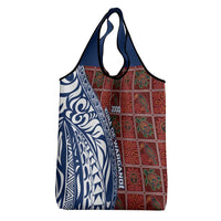 Indigenous Regions of Panama Guna de Wargandí Grocery Bag with Tribal Pattern and Blue White Nature and People - Wonder Print Shop