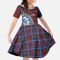 Indigenous Regions of Panama Guna de Wargandí Kid Short Sleeve Dress with Tribal Pattern and Blue White Nature and People - Wonder Print Shop