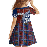Indigenous Regions of Panama Guna de Wargandí Kid Short Sleeve Dress with Tribal Pattern and Blue White Nature and People - Wonder Print Shop
