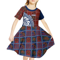 Indigenous Regions of Panama Guna de Wargandí Kid Short Sleeve Dress with Tribal Pattern and Blue White Nature and People - Wonder Print Shop