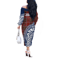 Indigenous Regions of Panama Guna de Wargandí Off The Shoulder Long Sleeve Dress with Tribal Pattern and Blue White Nature and People - Wonder Print Shop