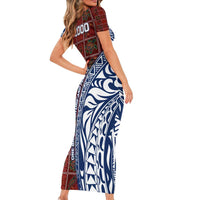 Indigenous Regions of Panama Guna de Wargandí Short Sleeve Bodycon Dress with Tribal Pattern and Blue White Nature and People - Wonder Print Shop