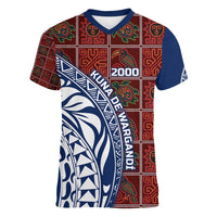 Indigenous Regions of Panama Guna de Wargandí Women V-Neck T-Shirt with Tribal Pattern and Blue White Nature and People - Wonder Print Shop