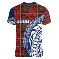 Indigenous Regions of Panama Guna de Wargandí Women V-Neck T-Shirt with Tribal Pattern and Blue White Nature and People - Wonder Print Shop