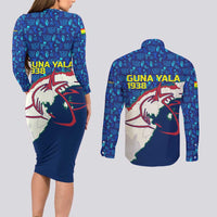Indigenous Regions of Panama Guna Yala Couples Matching Long Sleeve Bodycon Dress and Long Sleeve Button Shirt with Regional Map Lobster Graphic and Coral Pattern 1938 - Wonder Print Shop