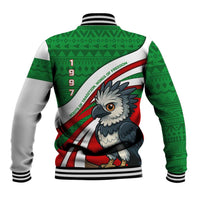Indigenous Regions of Panama Ngabe-Bugle Baseball Jacket with Harpy Eagle Graphic and Green Red Tribal Pattern 1997 - Wonder Print Shop