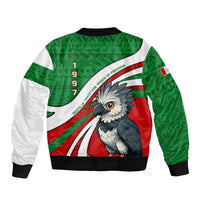 Indigenous Regions of Panama Ngabe-Bugle Bomber Jacket with Harpy Eagle Graphic and Green Red Tribal Pattern 1997 - Wonder Print Shop