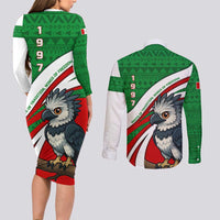 Indigenous Regions of Panama Ngabe-Bugle Couples Matching Long Sleeve Bodycon Dress and Long Sleeve Button Shirt with Harpy Eagle Graphic and Green Red Tribal Pattern 1997 - Wonder Print Shop