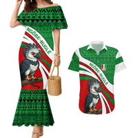 Indigenous Regions of Panama Ngabe-Bugle Couples Matching Mermaid Dress and Hawaiian Shirt with Harpy Eagle Graphic and Green Red Tribal Pattern 1997 - Wonder Print Shop