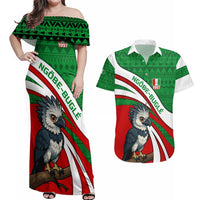 Indigenous Regions of Panama Ngabe-Bugle Couples Matching Off Shoulder Maxi Dress and Hawaiian Shirt with Harpy Eagle Graphic and Green Red Tribal Pattern 1997 - Wonder Print Shop