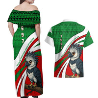 Indigenous Regions of Panama Ngabe-Bugle Couples Matching Off Shoulder Maxi Dress and Hawaiian Shirt with Harpy Eagle Graphic and Green Red Tribal Pattern 1997 - Wonder Print Shop