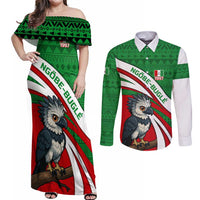 Indigenous Regions of Panama Ngabe-Bugle Couples Matching Off Shoulder Maxi Dress and Long Sleeve Button Shirt with Harpy Eagle Graphic and Green Red Tribal Pattern 1997 - Wonder Print Shop