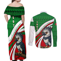 Indigenous Regions of Panama Ngabe-Bugle Couples Matching Off Shoulder Maxi Dress and Long Sleeve Button Shirt with Harpy Eagle Graphic and Green Red Tribal Pattern 1997 - Wonder Print Shop