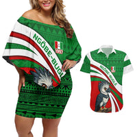 Indigenous Regions of Panama Ngabe-Bugle Couples Matching Off Shoulder Short Dress and Hawaiian Shirt with Harpy Eagle Graphic and Green Red Tribal Pattern 1997 - Wonder Print Shop