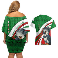 Indigenous Regions of Panama Ngabe-Bugle Couples Matching Off Shoulder Short Dress and Hawaiian Shirt with Harpy Eagle Graphic and Green Red Tribal Pattern 1997 - Wonder Print Shop