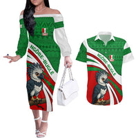 Indigenous Regions of Panama Ngabe-Bugle Couples Matching Off The Shoulder Long Sleeve Dress and Hawaiian Shirt with Harpy Eagle Graphic and Green Red Tribal Pattern 1997 - Wonder Print Shop