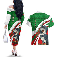 Indigenous Regions of Panama Ngabe-Bugle Couples Matching Off The Shoulder Long Sleeve Dress and Hawaiian Shirt with Harpy Eagle Graphic and Green Red Tribal Pattern 1997 - Wonder Print Shop