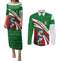 Indigenous Regions of Panama Ngabe-Bugle Couples Matching Puletasi and Long Sleeve Button Shirt with Harpy Eagle Graphic and Green Red Tribal Pattern 1997 - Wonder Print Shop