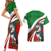 Indigenous Regions of Panama Ngabe-Bugle Couples Matching Short Sleeve Bodycon Dress and Hawaiian Shirt with Harpy Eagle Graphic and Green Red Tribal Pattern 1997 - Wonder Print Shop