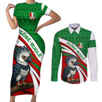 Indigenous Regions of Panama Ngabe-Bugle Couples Matching Short Sleeve Bodycon Dress and Long Sleeve Button Shirt with Harpy Eagle Graphic and Green Red Tribal Pattern 1997 - Wonder Print Shop