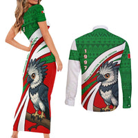 Indigenous Regions of Panama Ngabe-Bugle Couples Matching Short Sleeve Bodycon Dress and Long Sleeve Button Shirt with Harpy Eagle Graphic and Green Red Tribal Pattern 1997 - Wonder Print Shop