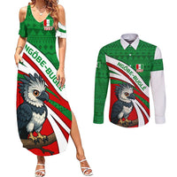 Indigenous Regions of Panama Ngabe-Bugle Couples Matching Summer Maxi Dress and Long Sleeve Button Shirt with Harpy Eagle Graphic and Green Red Tribal Pattern 1997 - Wonder Print Shop