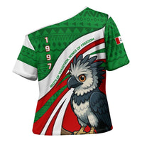 Indigenous Regions of Panama Ngabe-Bugle Cross Shoulder Shirt with Harpy Eagle Graphic and Green Red Tribal Pattern 1997 - Wonder Print Shop